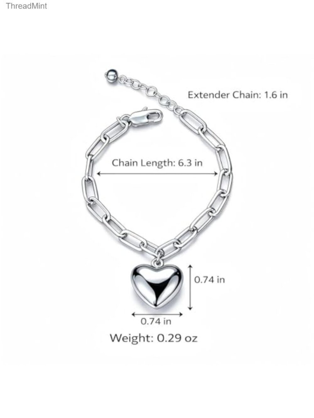 Adjustable Paperclip Chain Heart Charm Bracelet Silver Tone Link